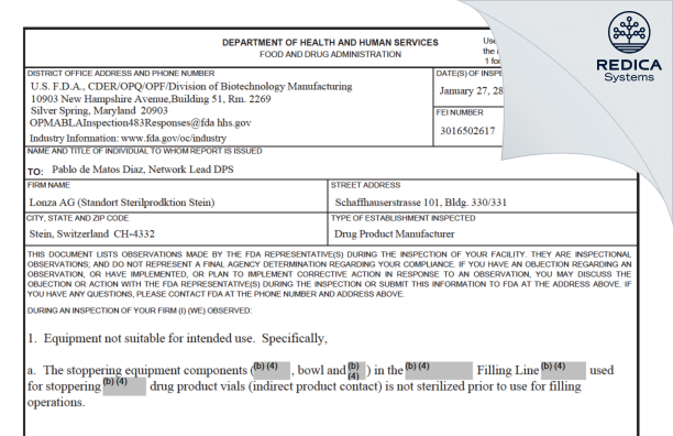 FDA 483 - Lonza AG [Stein / Switzerland] - Download PDF - Redica Systems