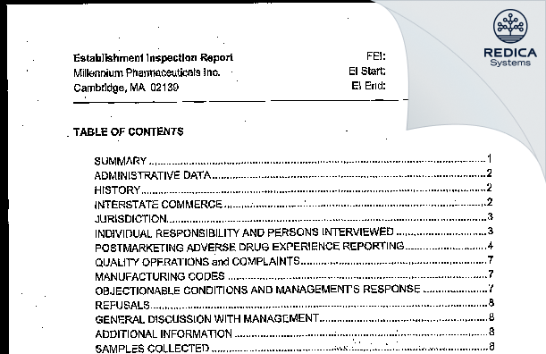 EIR - Millennium Pharmaceuticals, Inc. [Cambridge / United States of America] - Download PDF - Redica Systems