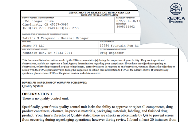 FDA 483 - Apace Packaging LLC [Fountain Run Kentucky / United States of America] - Download PDF - Redica Systems