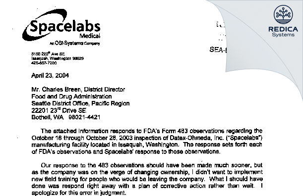 FDA 483 Response - Spacelabs Healthcare, Inc. [Snoqualmie / United States of America] - Download PDF - Redica Systems