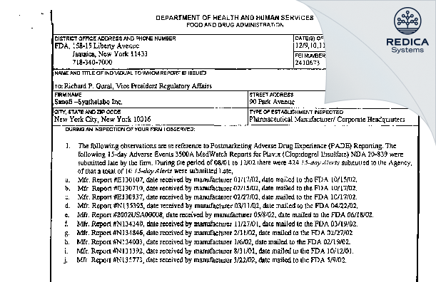 FDA 483 - Sanofi-Aventis U.S. LLC [Bridgewater / United States of America] - Download PDF - Redica Systems