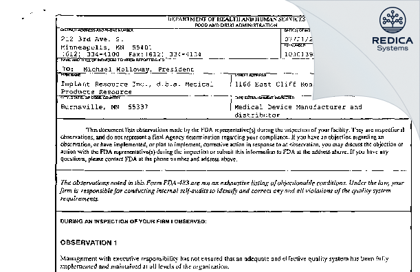 FDA 483 - Implant Resource Inc [Burnsville / United States of America] - Download PDF - Redica Systems