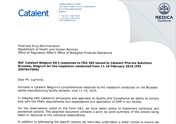 FDA 483 Response - Catalent Belgium SA [Brussels / Belgium] - Download PDF - Redica Systems