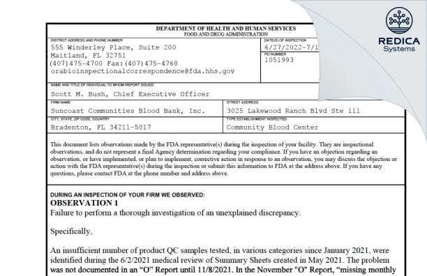 FDA 483 - Suncoast Communities Blood Bank, Inc. [Bradenton / United States of America] - Download PDF - Redica Systems