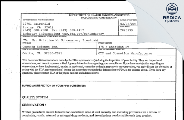 FDA 483 - Cosmedx Science Inc. [Corona / United States of America] - Download PDF - Redica Systems