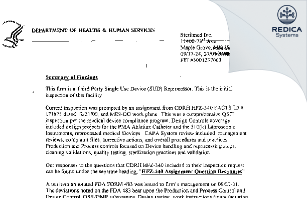EIR - STERILMED, INC. [Maple Grove / United States of America] - Download PDF - Redica Systems