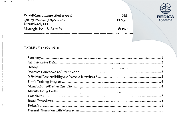 EIR - Sharp Packaging Services, LLC [Macungie Pennsylvania / United States of America] - Download PDF - Redica Systems