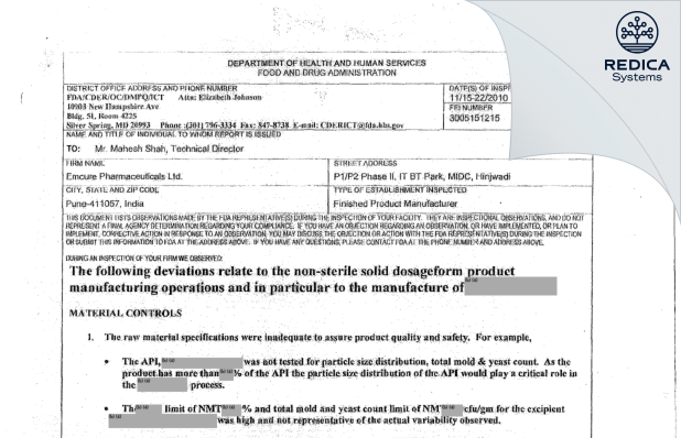 FDA 483 - Emcure Pharmaceuticals Limited [India / India] - Download PDF - Redica Systems