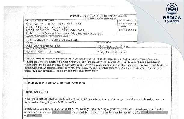 FDA 483 - Owen Biosciences Inc [Baton Rouge / United States of America] - Download PDF - Redica Systems