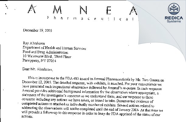 FDA 483 Response - Amneal Pharmaceuticals, LLC [Paterson / United States of America] - Download PDF - Redica Systems