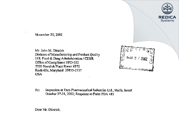 FDA 483 Response - Taro Pharmaceutical Industries Ltd. [Israel / Israel] - Download PDF - Redica Systems