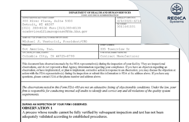 FDA 483 - Dot America, Inc. [Columbia City / United States of America] - Download PDF - Redica Systems