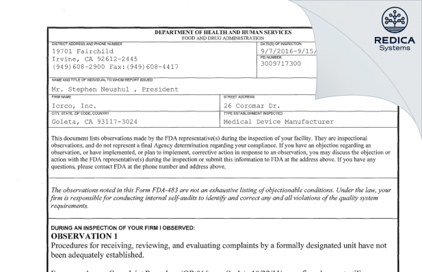 FDA 483 - iCRco, Inc. [Goleta / United States of America] - Download PDF - Redica Systems