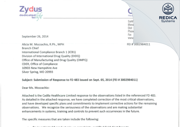 FDA 483 Response - Zydus Lifesciences Limited [India / India] - Download PDF - Redica Systems