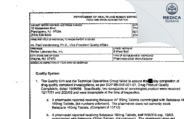 FDA 483 - Bayer HealthCare LLC [Morristown / United States of America] - Download PDF - Redica Systems