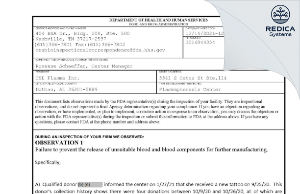 FDA 483 - CSL Plasma Inc. [Dothan / United States of America] - Download PDF - Redica Systems
