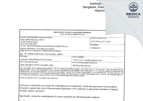 FDA 483 - Cdymax (India) Pharma Private Limited [Karntaka / India] - Download PDF - Redica Systems