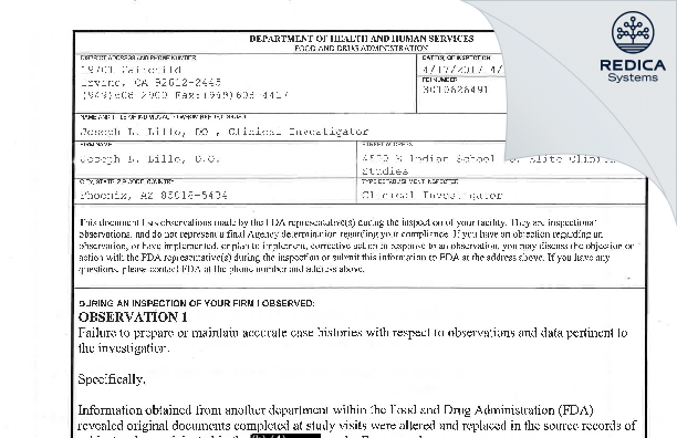 FDA 483 - Joseph L. Lillo, D.O. [Phoenix / United States of America] - Download PDF - Redica Systems