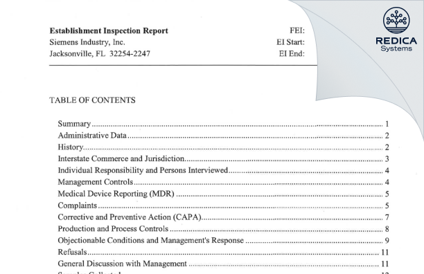 EIR - Siemens Industry, Inc. [Jacksonville / United States of America] - Download PDF - Redica Systems
