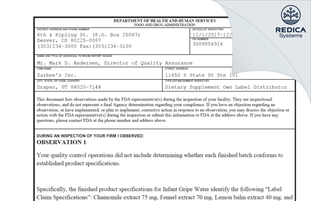 FDA 483 - Zarbee's Inc [Sandy / United States of America] - Download PDF - Redica Systems