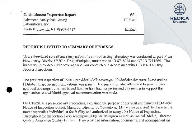 EIR - Infinity Labs NJ, LLC [Jersey / United States of America] - Download PDF - Redica Systems
