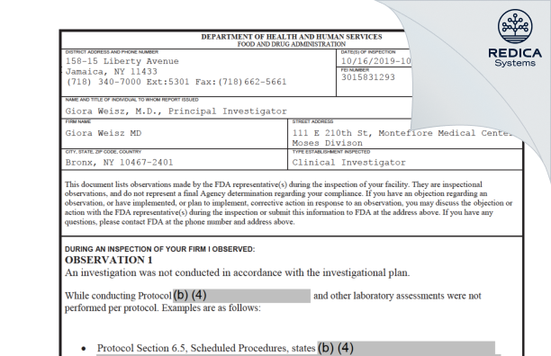 FDA 483 - Giora Weisz MD [Bronx / United States of America] - Download PDF - Redica Systems