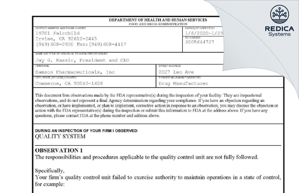 FDA 483 - Samson Pharmaceuticals, Inc. [California / United States of America] - Download PDF - Redica Systems