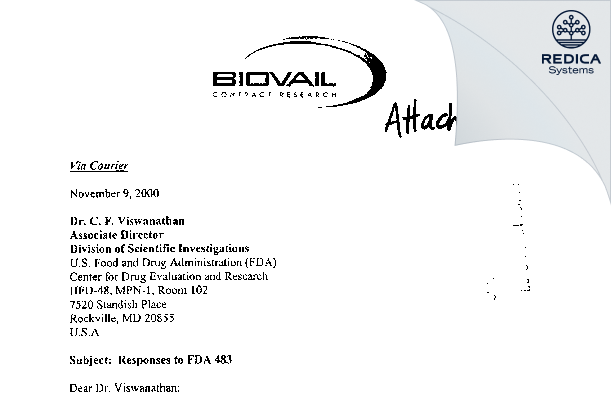 FDA 483 Response - Biovail Contract Research [Toronto / Canada] - Download PDF - Redica Systems