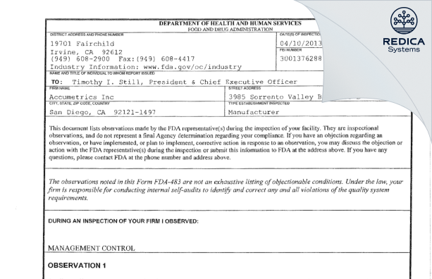 FDA 483 - Accumetrics Inc [San Diego / United States of America] - Download PDF - Redica Systems