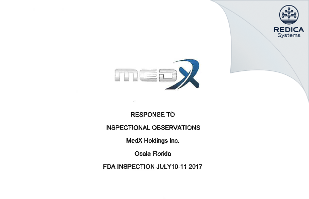 FDA 483 Response - MedX Holdings, Inc. [Ocala / United States of America] - Download PDF - Redica Systems