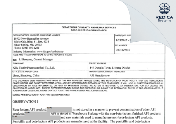 FDA 483 - Shandong Anxin Pharmaceutical Co., Ltd. [China / China] - Download PDF - Redica Systems