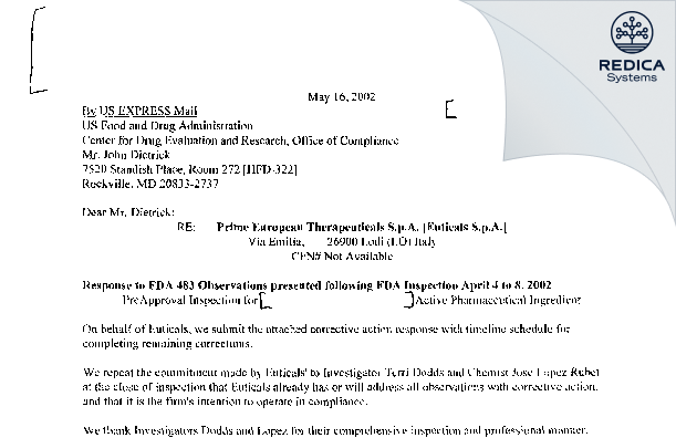 FDA 483 Response - Archimica S.p.A. [Lodi / Italy] - Download PDF - Redica Systems