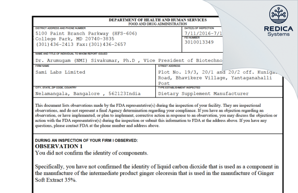FDA 483 - Sami Labs Limited [Nelamangala / India] - Download PDF - Redica Systems