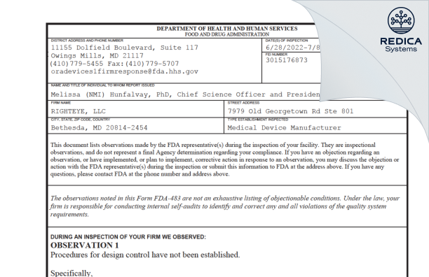 FDA 483 - RIGHTEYE, LLC [Bethesda / United States of America] - Download PDF - Redica Systems
