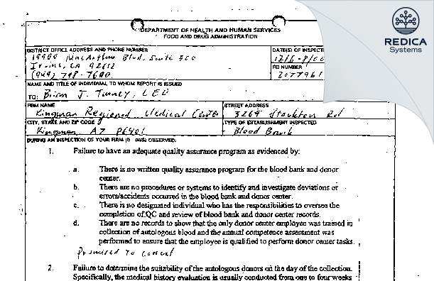 FDA 483 - Kingman Regional Medical Center [Kingman / United States of America] - Download PDF - Redica Systems