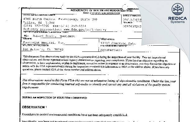 FDA 483 - Footprint Medical, Inc. [San Antonio / United States of America] - Download PDF - Redica Systems