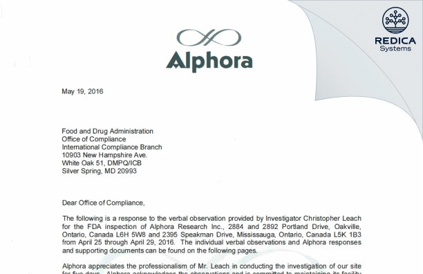 FDA 483 Response - Eurofins CDMO Alphora Inc [Canada / Canada] - Download PDF - Redica Systems