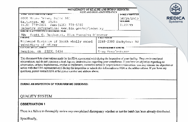 FDA 483 - Fareva Richmond, Inc. [Virginia / United States of America] - Download PDF - Redica Systems