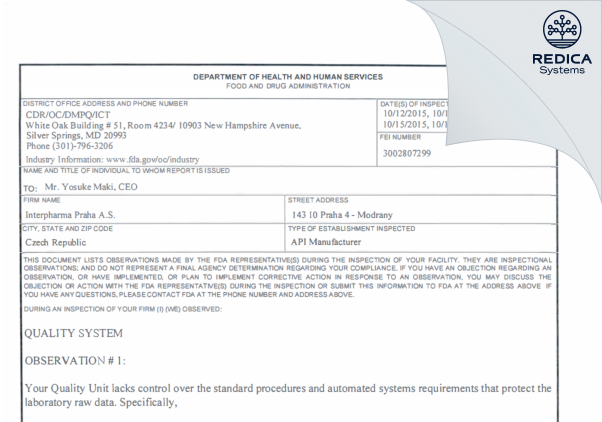 FDA 483 - Interpharma Praha, a.s. [Praha 4 Modrany / Czechia] - Download PDF - Redica Systems
