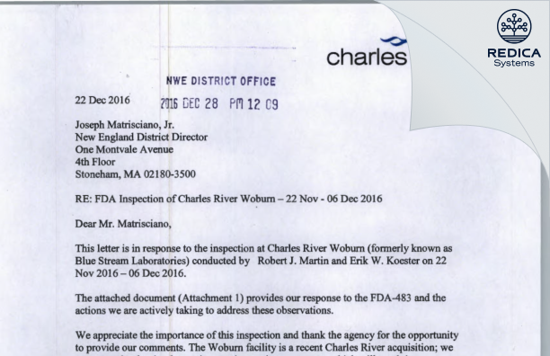 FDA 483 Response - Charles River Laboratories, Inc. [Woburn / United States of America] - Download PDF - Redica Systems