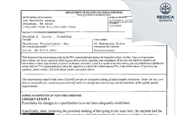 FDA 483 - Guidewire Technologies, Inc. [Salem / United States of America] - Download PDF - Redica Systems