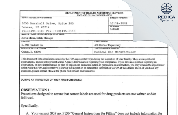 FDA 483 - ILMO Products Company [Quincy / United States of America] - Download PDF - Redica Systems