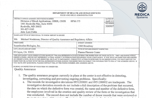 FDA 483 - Scantibodies Biologics Inc [El Cajon / United States of America] - Download PDF - Redica Systems