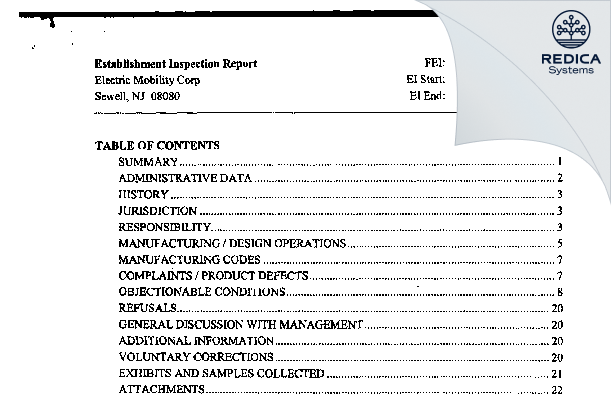 EIR - Electric Mobility Corp [Sewell / United States of America] - Download PDF - Redica Systems