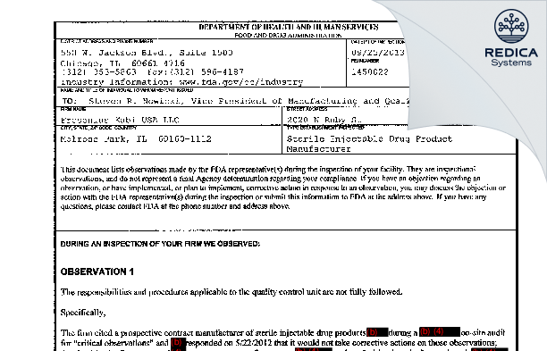 FDA 483 - Fresenius Kabi USA, LLC [Melrose Park Illinois / United States of America] - Download PDF - Redica Systems