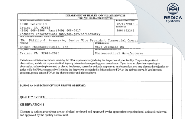 FDA 483 - Bioduro LLC [Irvine / United States of America] - Download PDF - Redica Systems