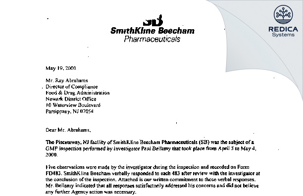 FDA 483 Response - Glaxo Smithkline [Piscataway / United States of America] - Download PDF - Redica Systems