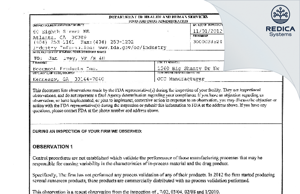 FDA 483 - Beaumont Products Inc. [Kennesaw / United States of America] - Download PDF - Redica Systems