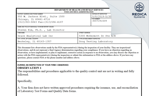 FDA 483 - Grace Analytical Laboratory, Inc [Berkeley Illinois / United States of America] - Download PDF - Redica Systems