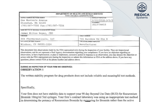 FDA 483 - SCA Pharmaceuticals [Windsor / United States of America] - Download PDF - Redica Systems